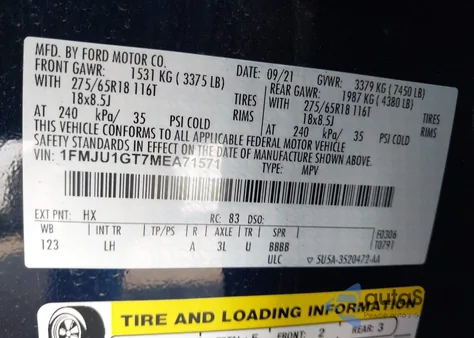 2021 Ford Expedition Xl из США, поврежденный, VIN 1FMJU1GT7MEA71571